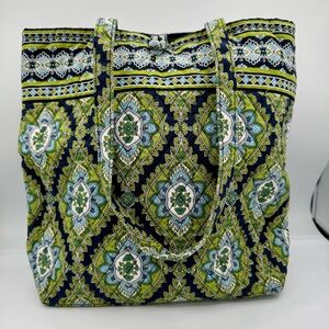 Vera Bradley Cambridge Tote Bag Quilted Cotton Navy Blue and Green Retired Print
